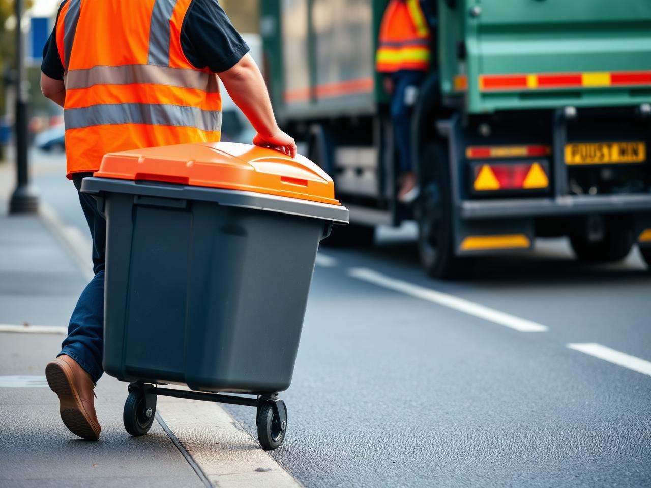 Waste collection operative wheeling a bin to a refuse lorry